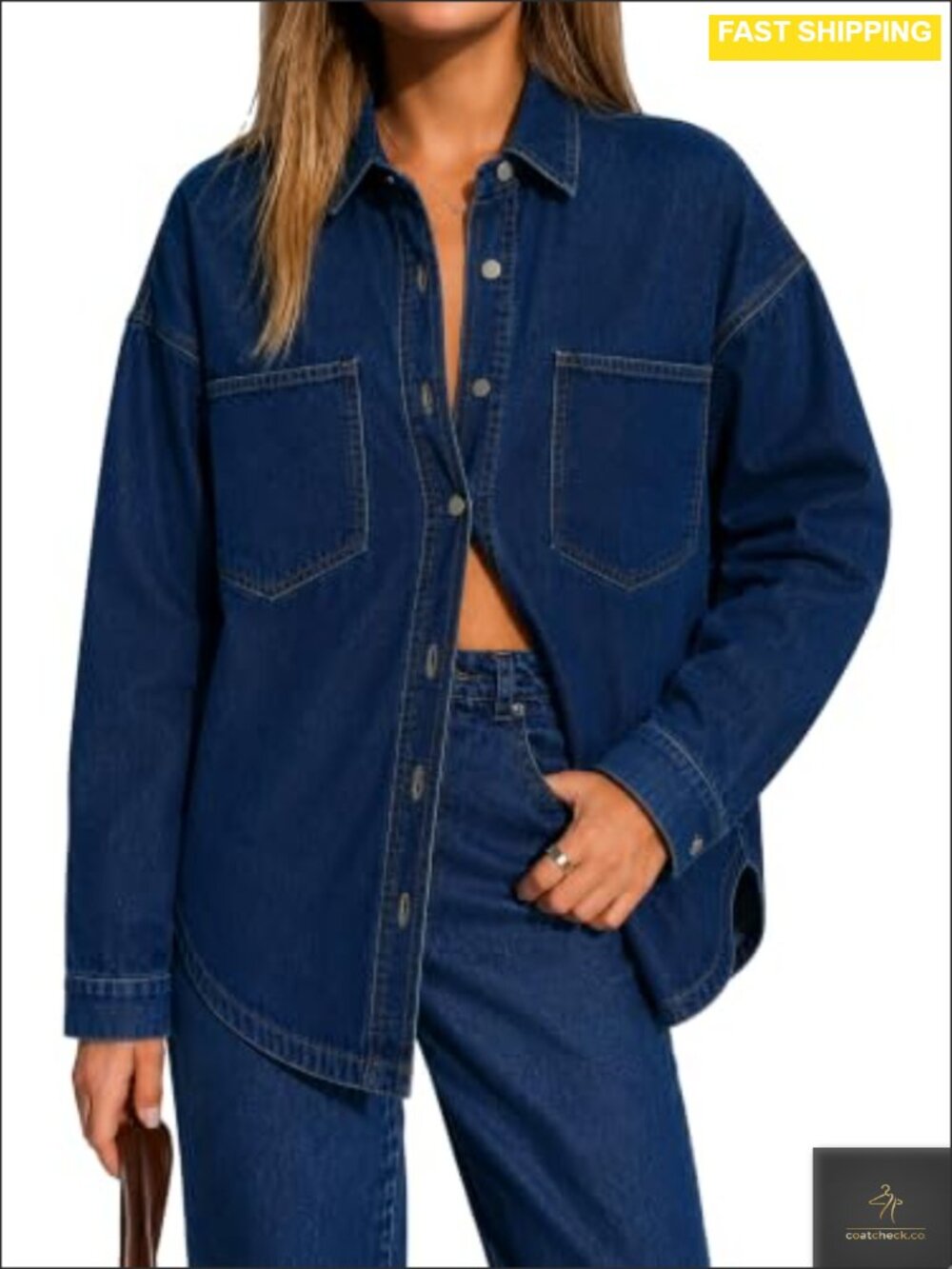 Oversized Denim Shacket Button Down Jacket with Pockets